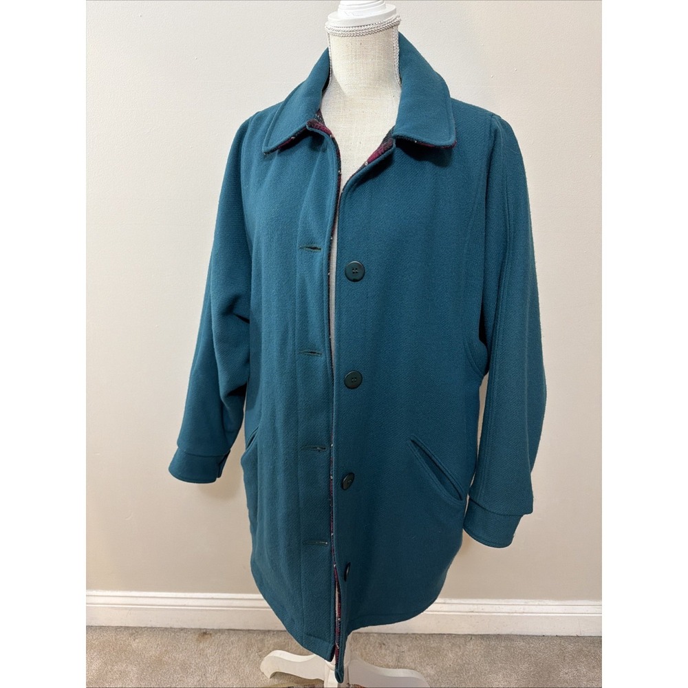Vintage Womens Woolrich Teal Green Wool Plaid Lined Fisherman Jacket Coat Large
